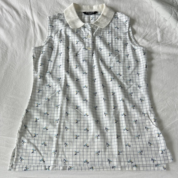 Guess Golf ⛳️ White Knit Collar + Blue and Yellow Floral Pattern Sz S Like NEW - Picture 1 of 7